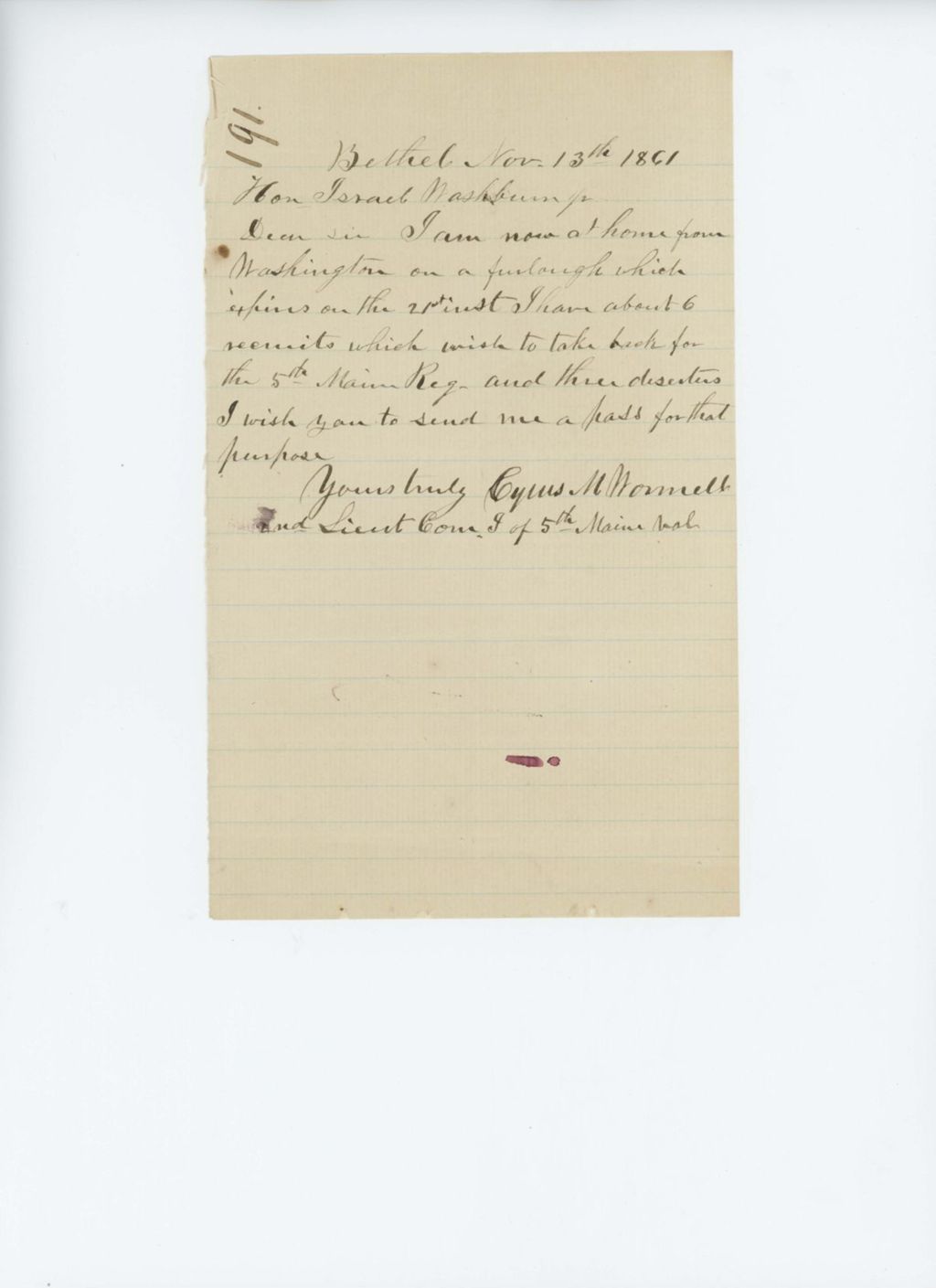 Miniature of Lieutenant Cyrus Wormell writes Governor Washburn about recruits and deserters