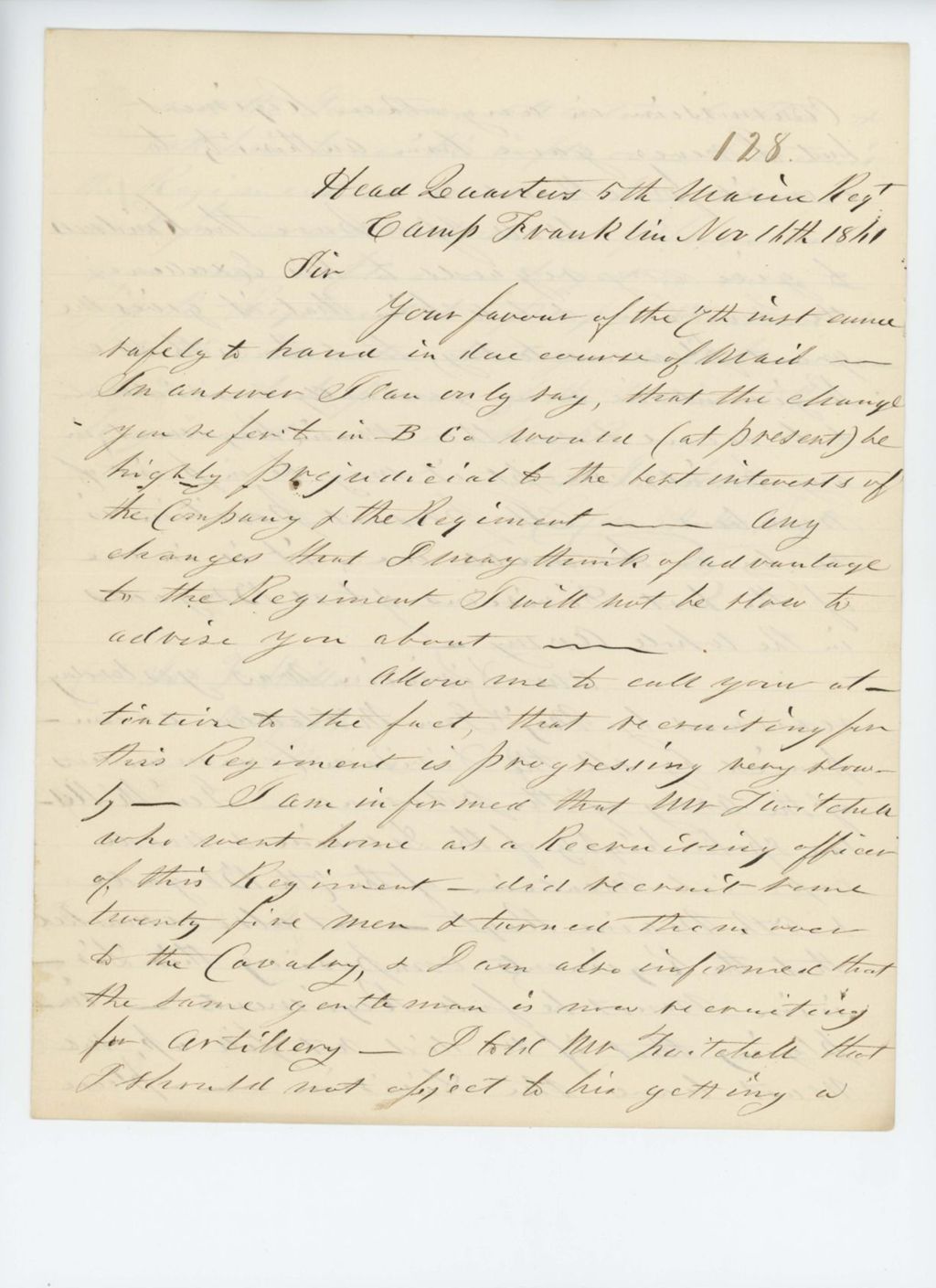 Miniature of Colonel Jackson writes Colonel Miller regarding changes to the regiment