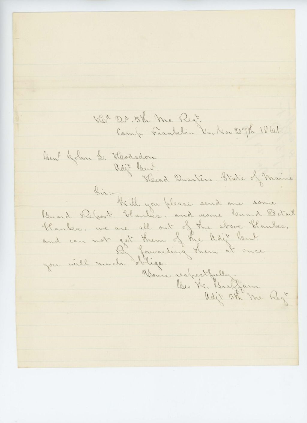 Miniature of Adjutant George Graffam requests report blanks