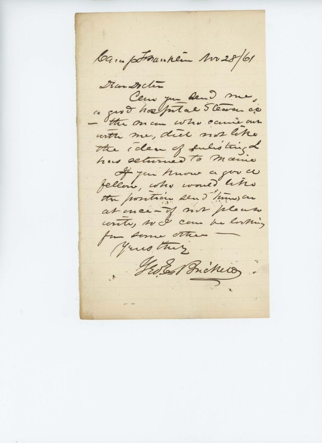 Miniature of Surgeon George Brickett requests a new hospital steward