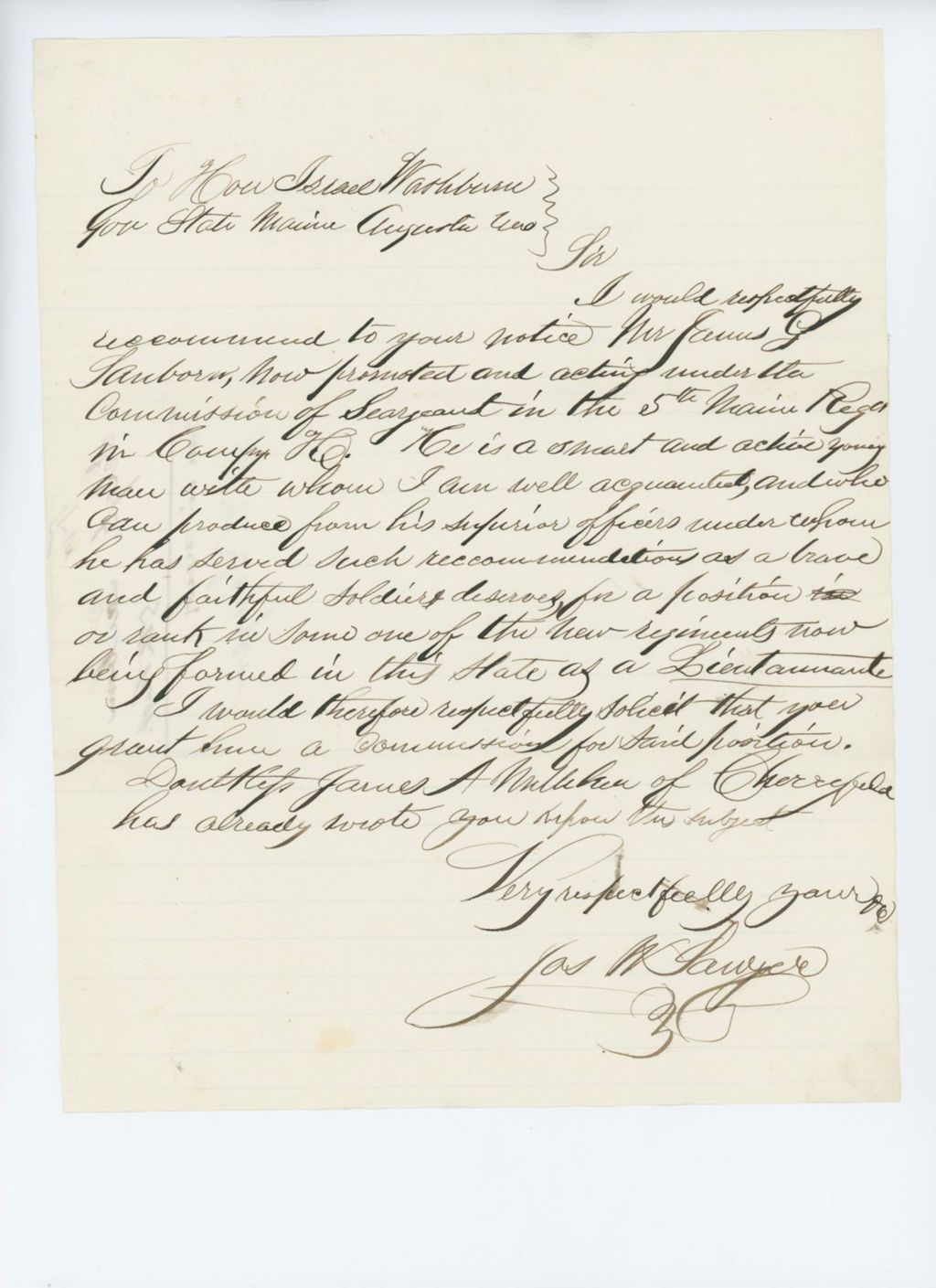 Miniature of Undated (circa 1861) - Joseph W. Sawyer recommends Sergeant James G. Sanborn for Lieutenant