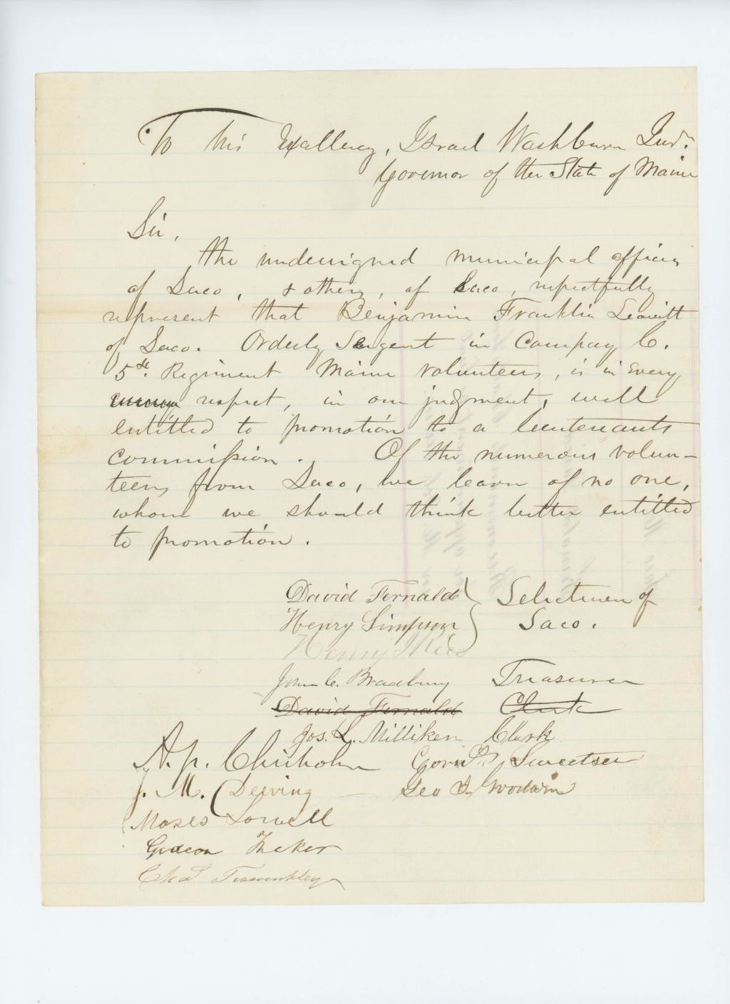Miniature of Undated (circa 1861) - David Fernald recommends Benjamin Franklin Leavitt for lieutenant