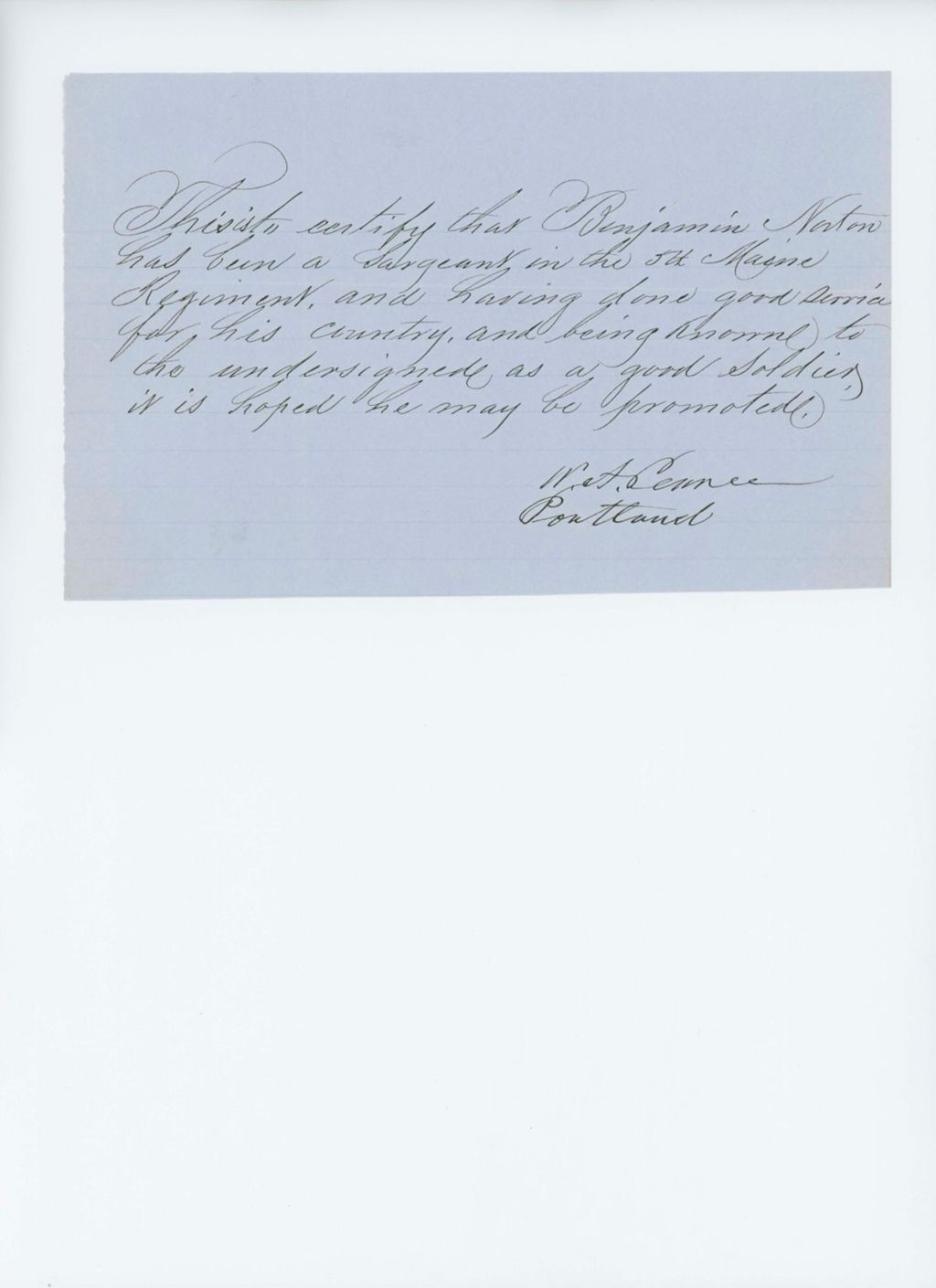 Miniature of Undated (circa 1861) -  W. A. [?] recommends Benjamin Norton for promotion