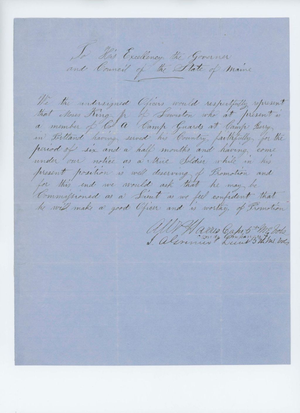 Miniature of Undated (circa 1861) -  Captain A.P. Harris recommends Moses King for lieutenant