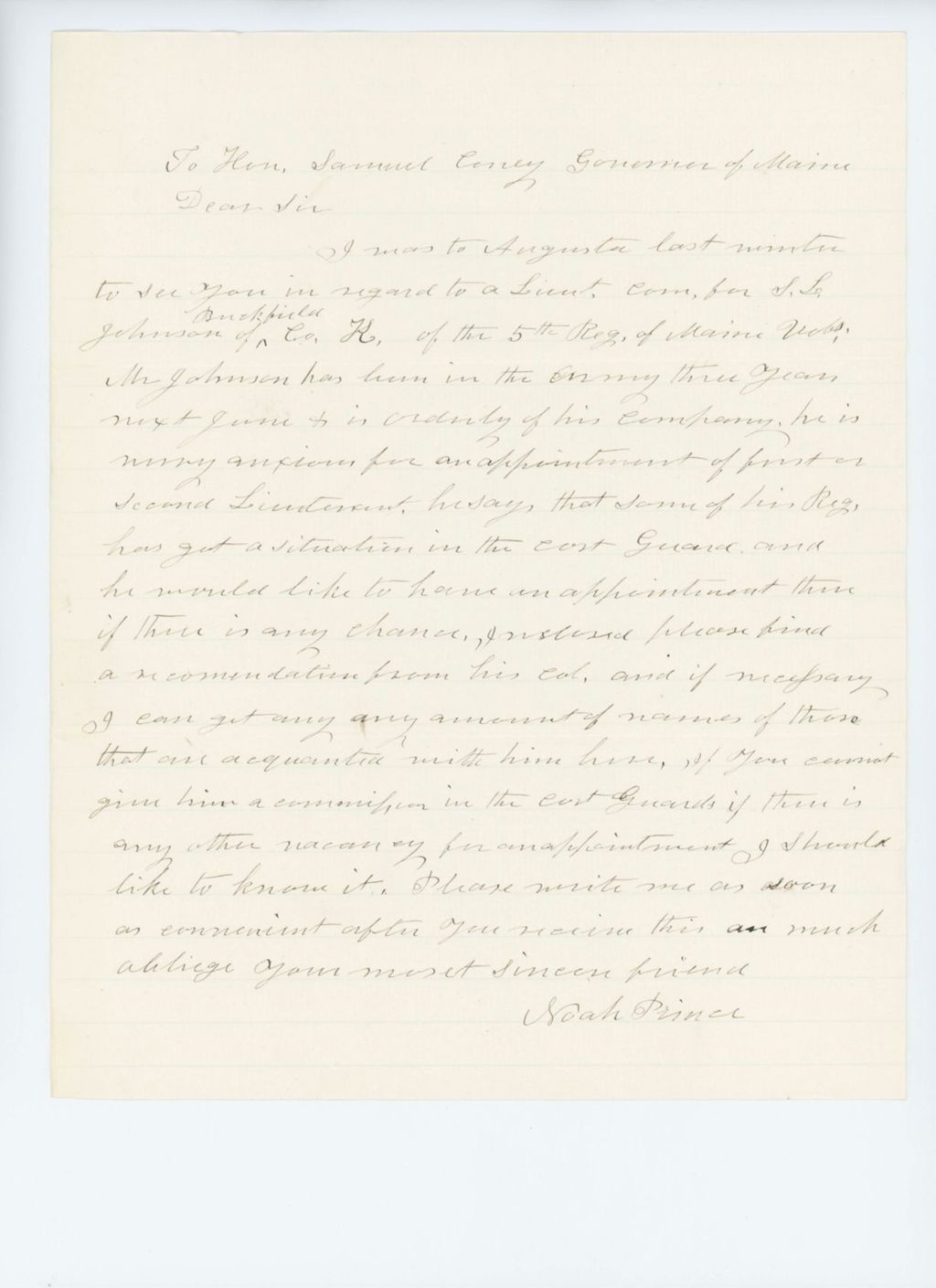 Miniature of Undated (circa 1864) - Noah Prince recommends S.L. Johnson for promotion