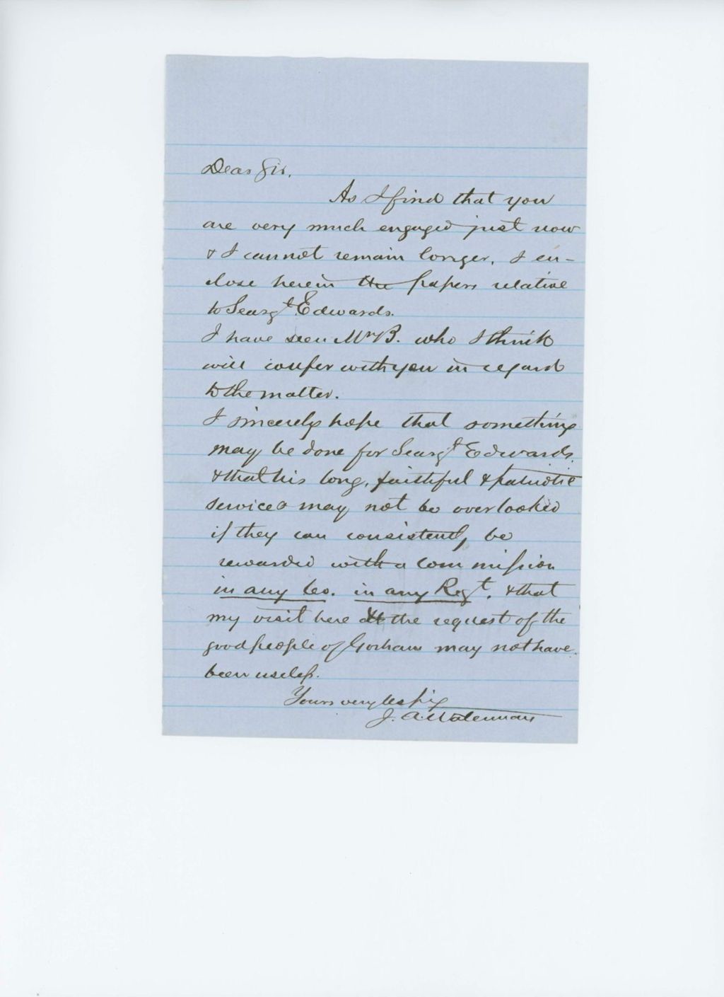 Miniature of Undated (circa 1861) - J. A. Waterman expresses support for promotion of Sergeant Edwards
