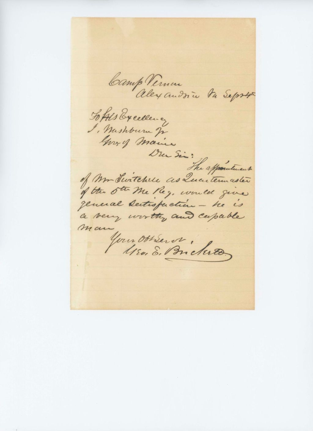 Miniature of Undated (circa 1861) -  George E. Brickett recommends Mr. Twitchell for Quartermaster