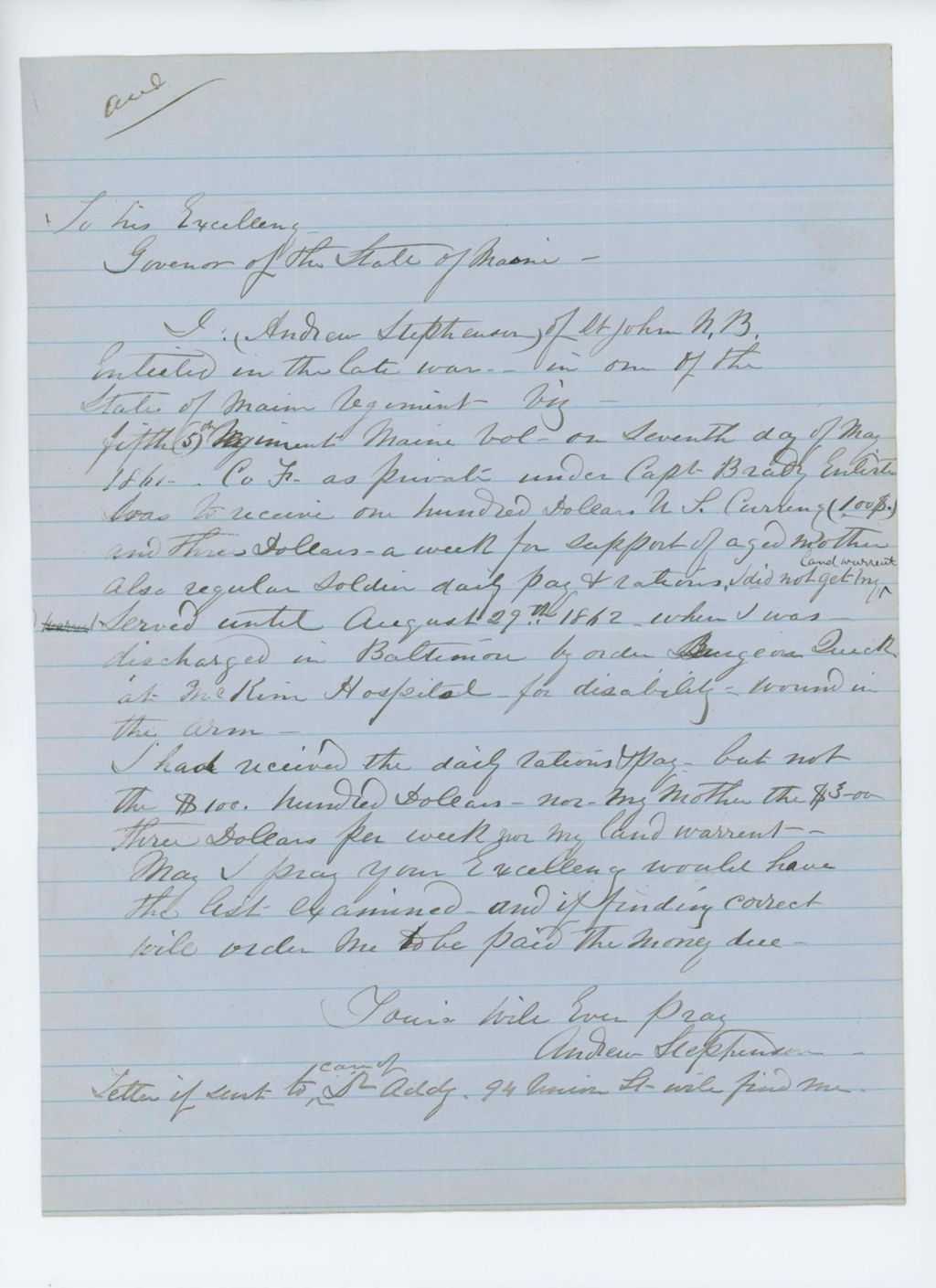Miniature of Undated -  Andrew Stephenson requests money due him for service