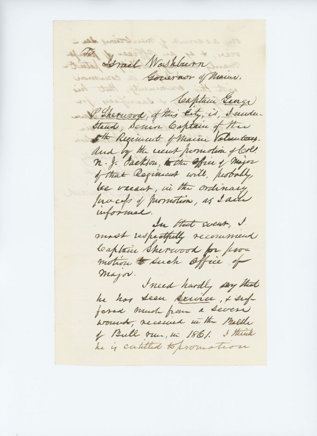 Miniature of Undated (circa August 1861) -  Joseph Howard recommends Captain George P. Sherwood for promotion to Major