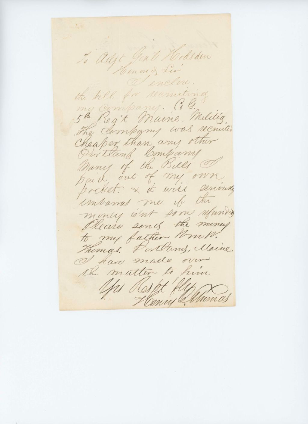 Miniature of Undated (circa 1861) - Henry Thomas requests reimbursement for recruiting Company G
