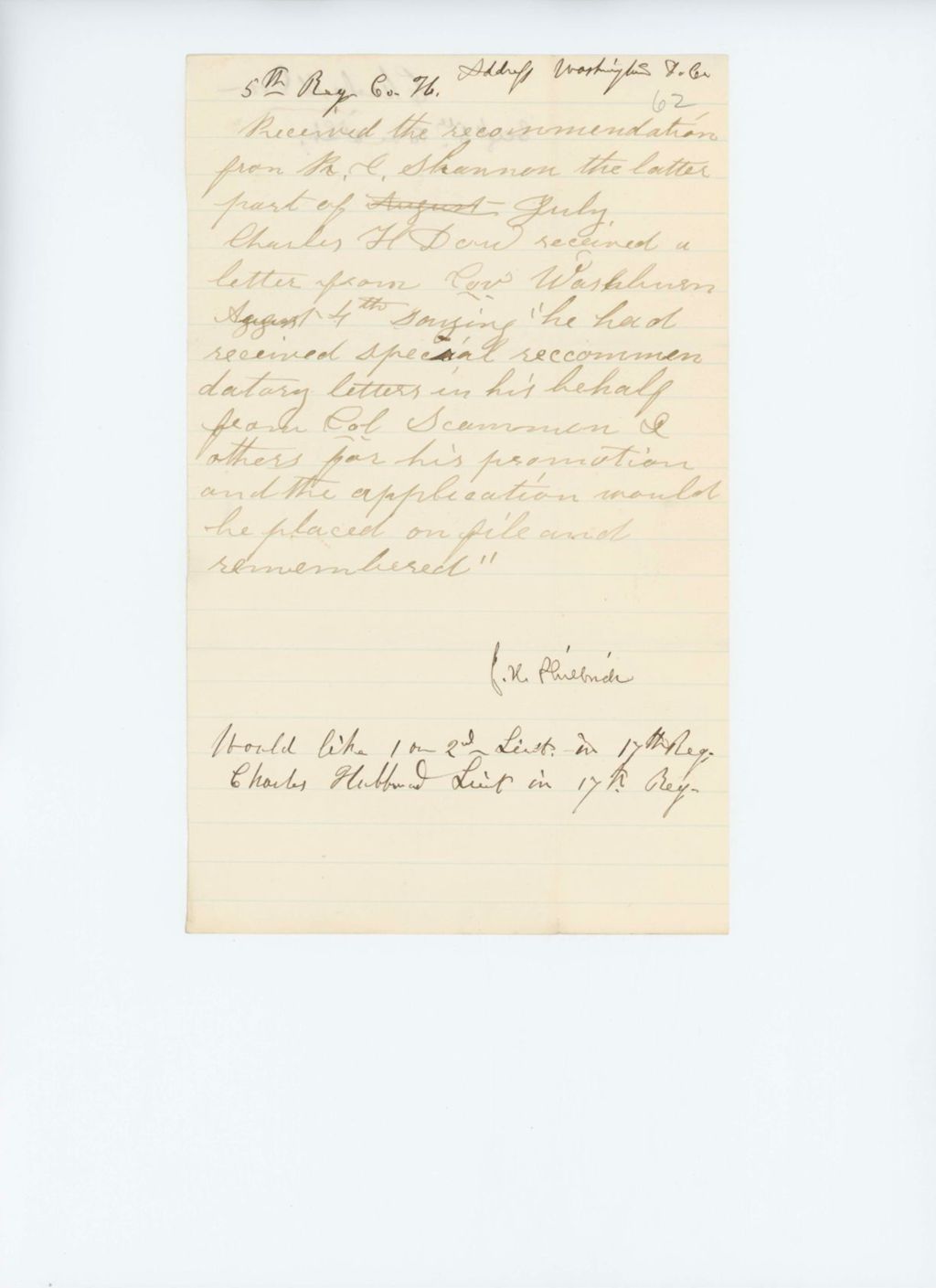 Miniature of Undated (circa 1861) - Recommendation of Sergeant Charles H. Dow for 2nd Lieutenant