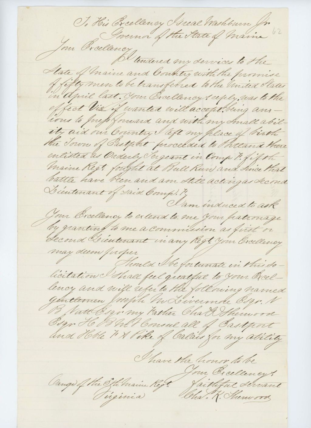 Miniature of Undated (circa August 1861) - Charles K. Sherwood solicits a promotion from Governor Washburn
