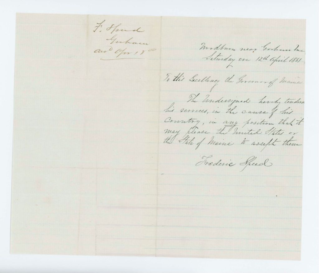 Miniature of Frederic Speed offers his services to Maine and the United States