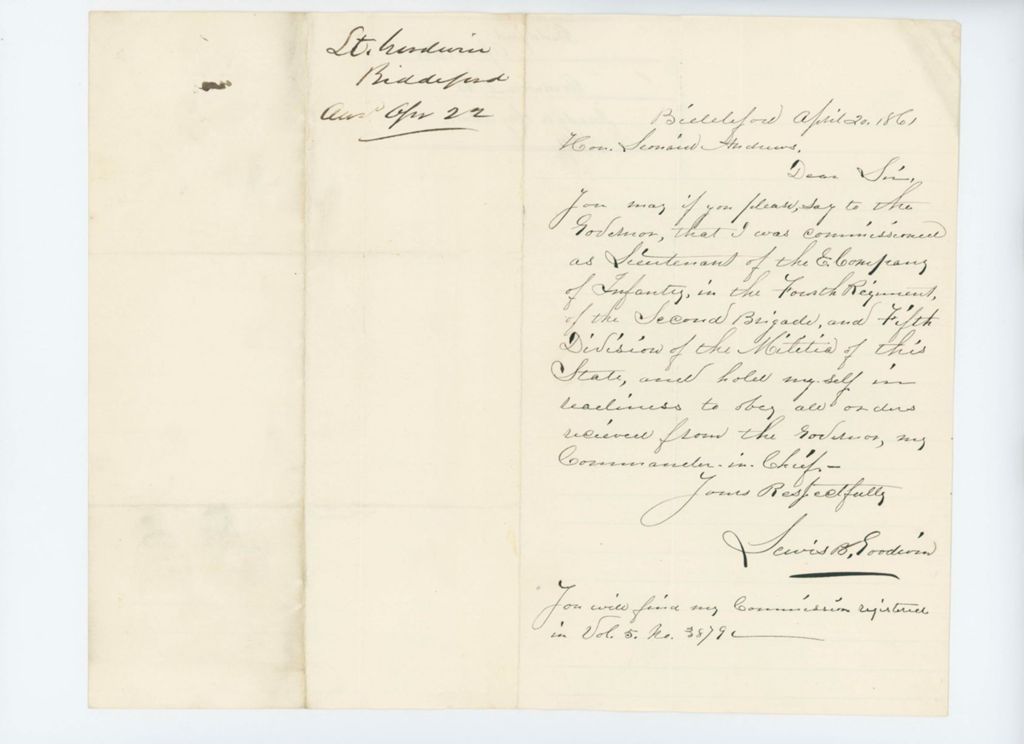 Miniature of Lieutenant Lewis B. Goodwin writes to Leonard Andrews regarding commission