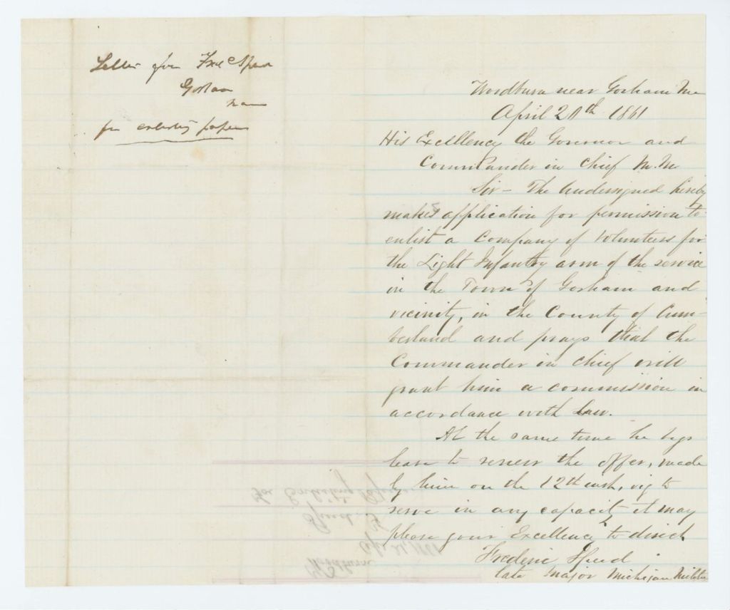 Miniature of Frederic Speed requests permission to enlist a company of volunteers from Gorham for the Light Infantry