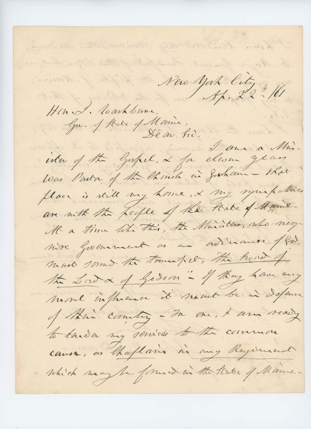 Miniature of John R. Adams offers his services as a chaplain of the Maine Volunteers