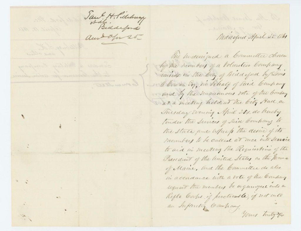 Miniature of Samuel H. Pillsbury tenders a military company for active service