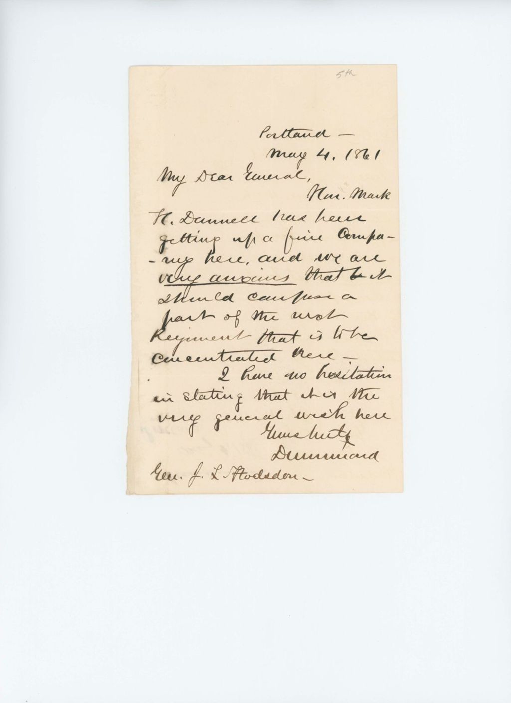 Miniature of Letter to Adjutant General Hodsdon from Drummond regarding recruitments