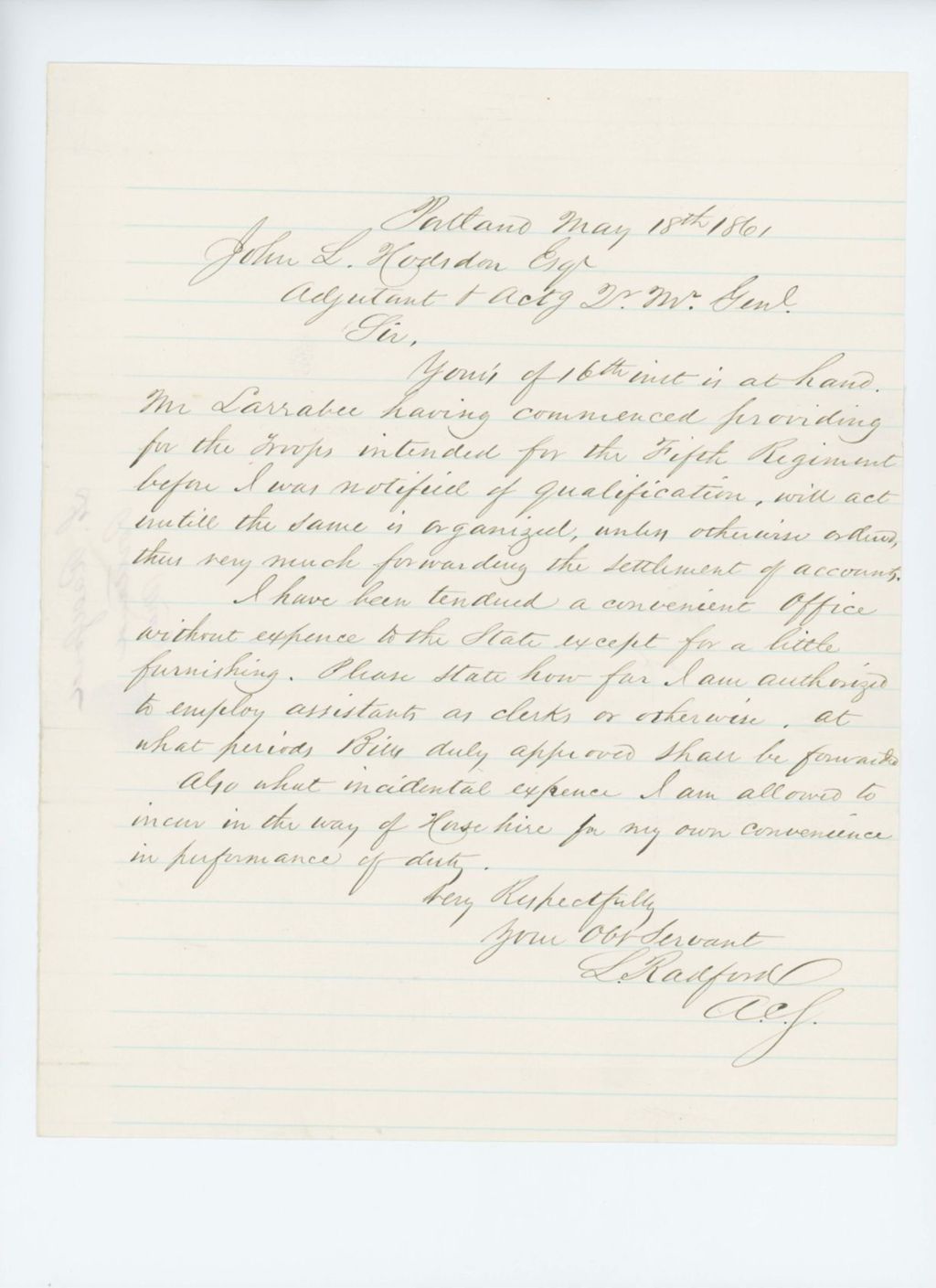 Miniature of Lincoln Radford writes to the Adjutant General regarding provisions and employment of clerks