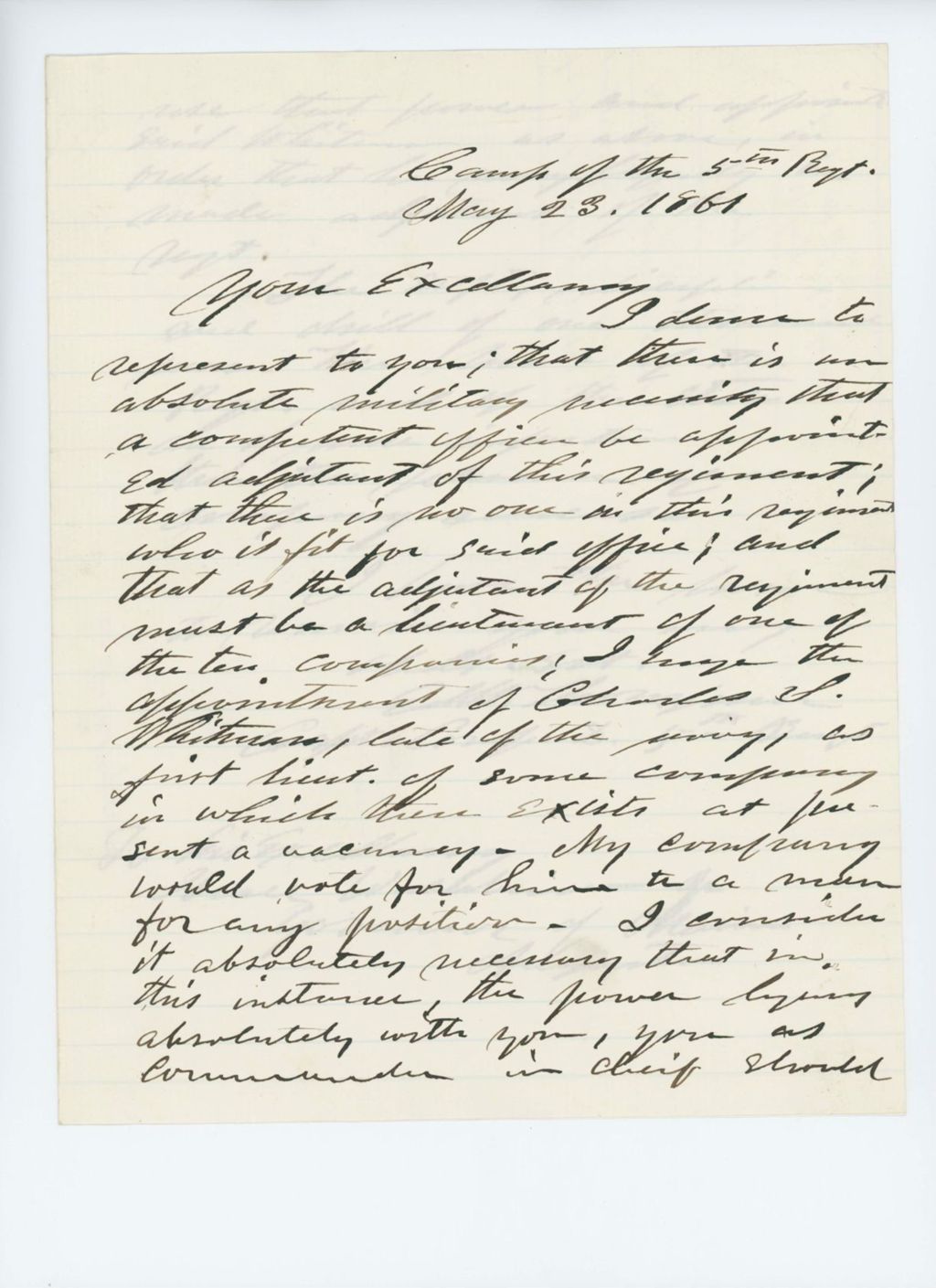 Miniature of Edward W. Thompson recommends Charles S. Whitman for Adjutant of the regiment