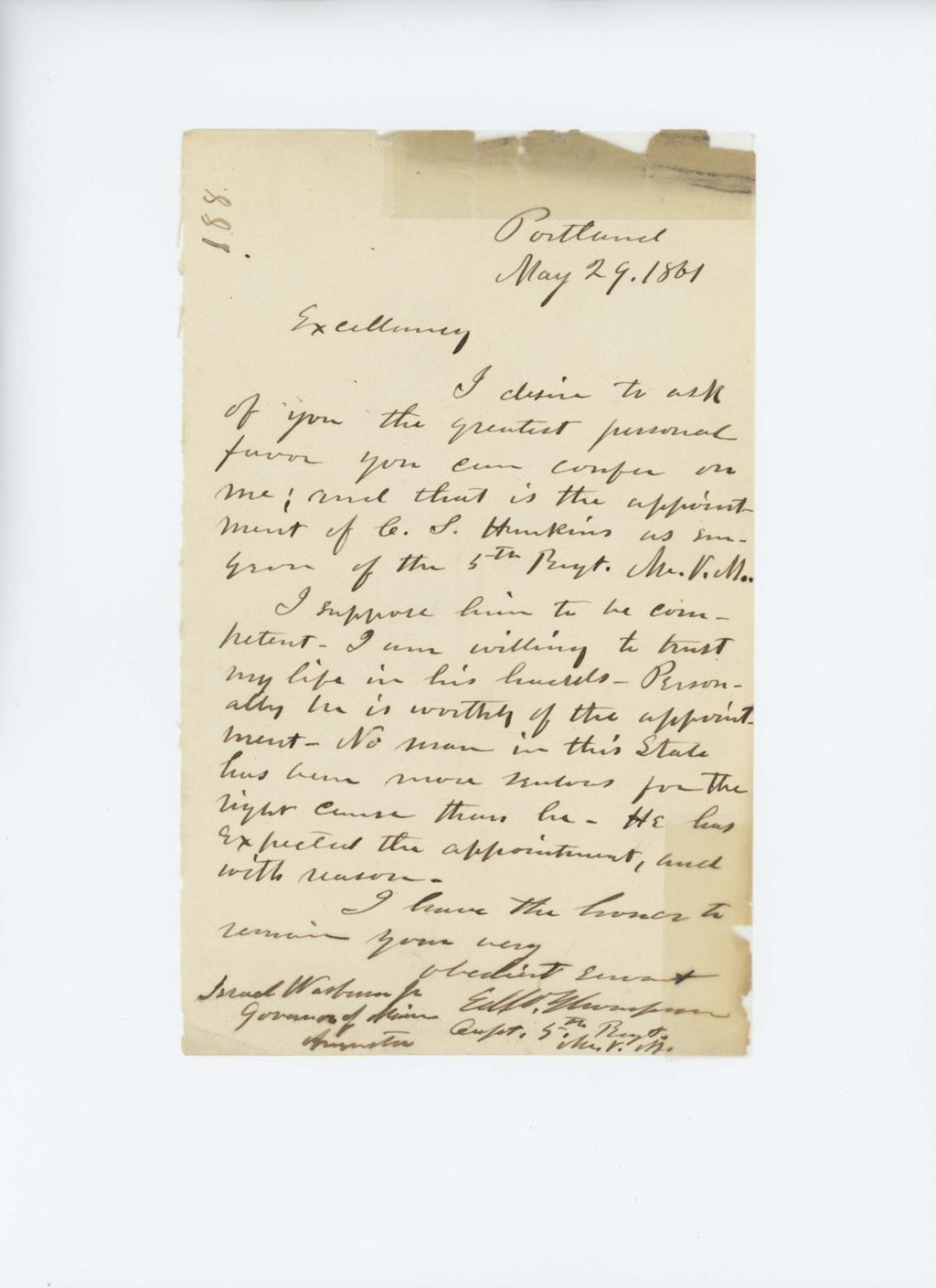 Miniature of Edward W. Thompson writes to Governor Washburn recommending C.S. Hawkins as surgeon