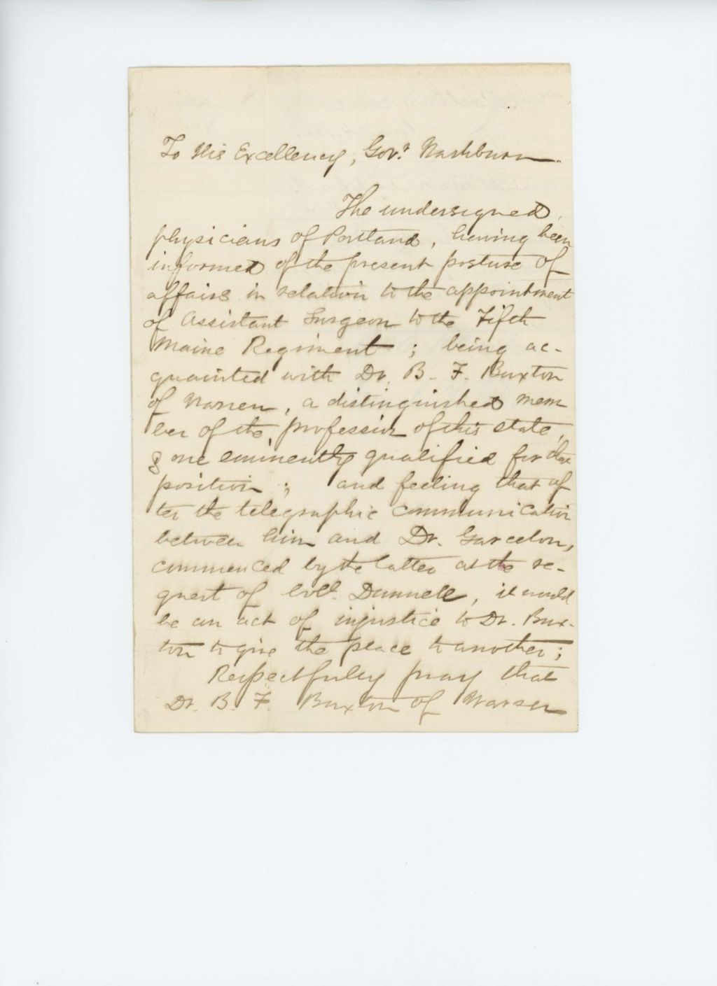 Miniature of Dr. John Gilman and others recommend Dr. B. F. Buxton for assistant surgeon