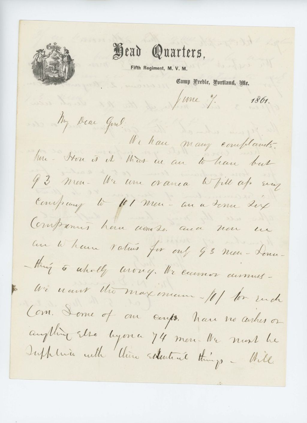 Miniature of Colonel Mark Dunnell informs Adjutant General Hodsdon of complaints in the regiment