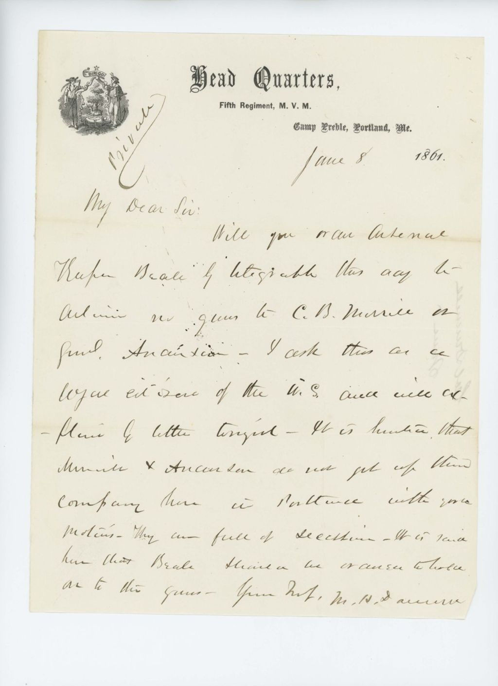 Miniature of Colonel Mark Dunnell writes to Adjutant General Hodsdon about recruiting trouble