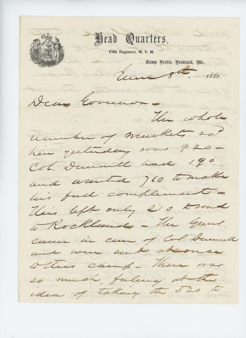 Miniature of Colonel Miller writes to Governor Washburn about muskets and payroll