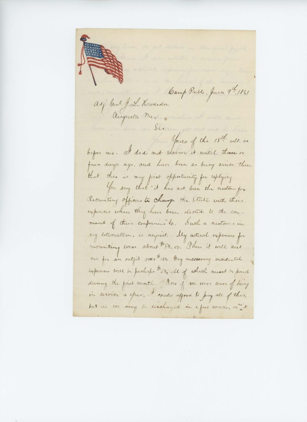 Miniature of Captain Isaac B. Noyes writes Adjutant General Hodsdon regarding his pay as recruiting officer