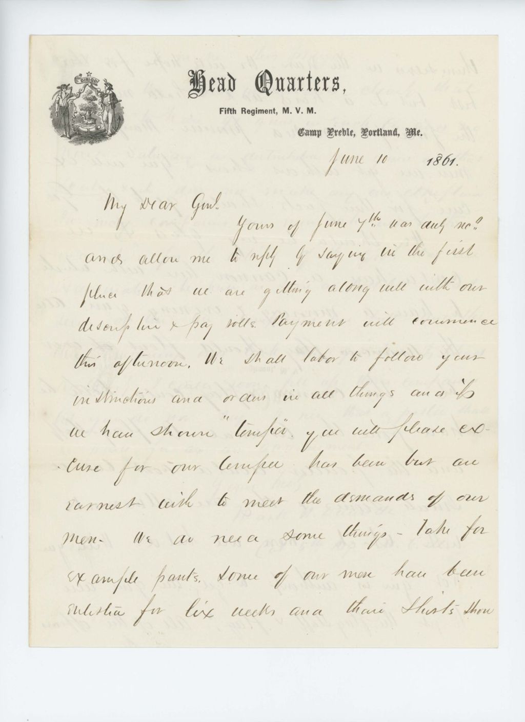 Miniature of Colonel Dunnell writes to Hodsdon regarding progress and needs of the regiment