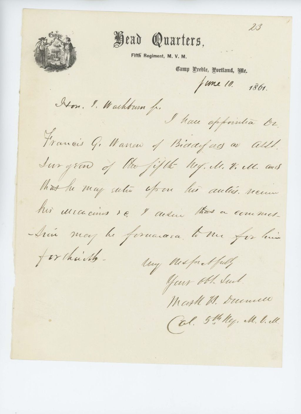 Miniature of Colonel Dunnell appoints Francis Warren as assistant surgeon