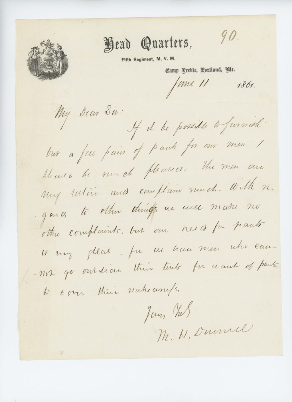 Miniature of Colonel Dunnell requests pants for the regiment
