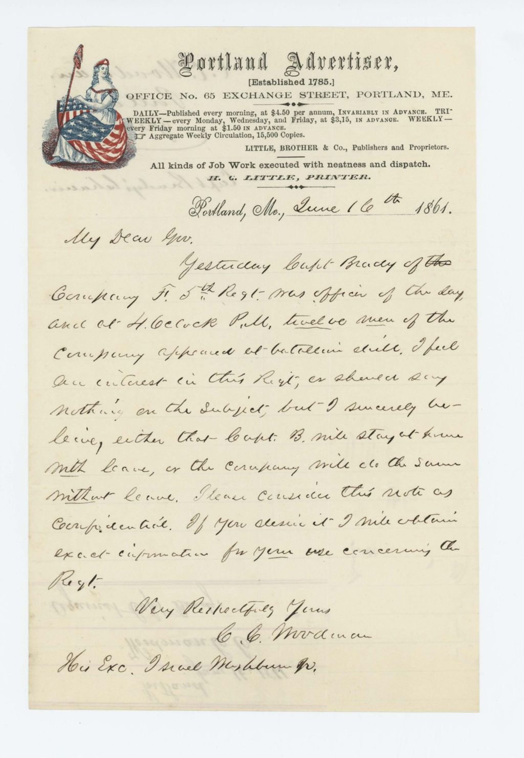 Miniature of C.C. Woodman writes to Governor Washburn regarding Captain Brady's behavior