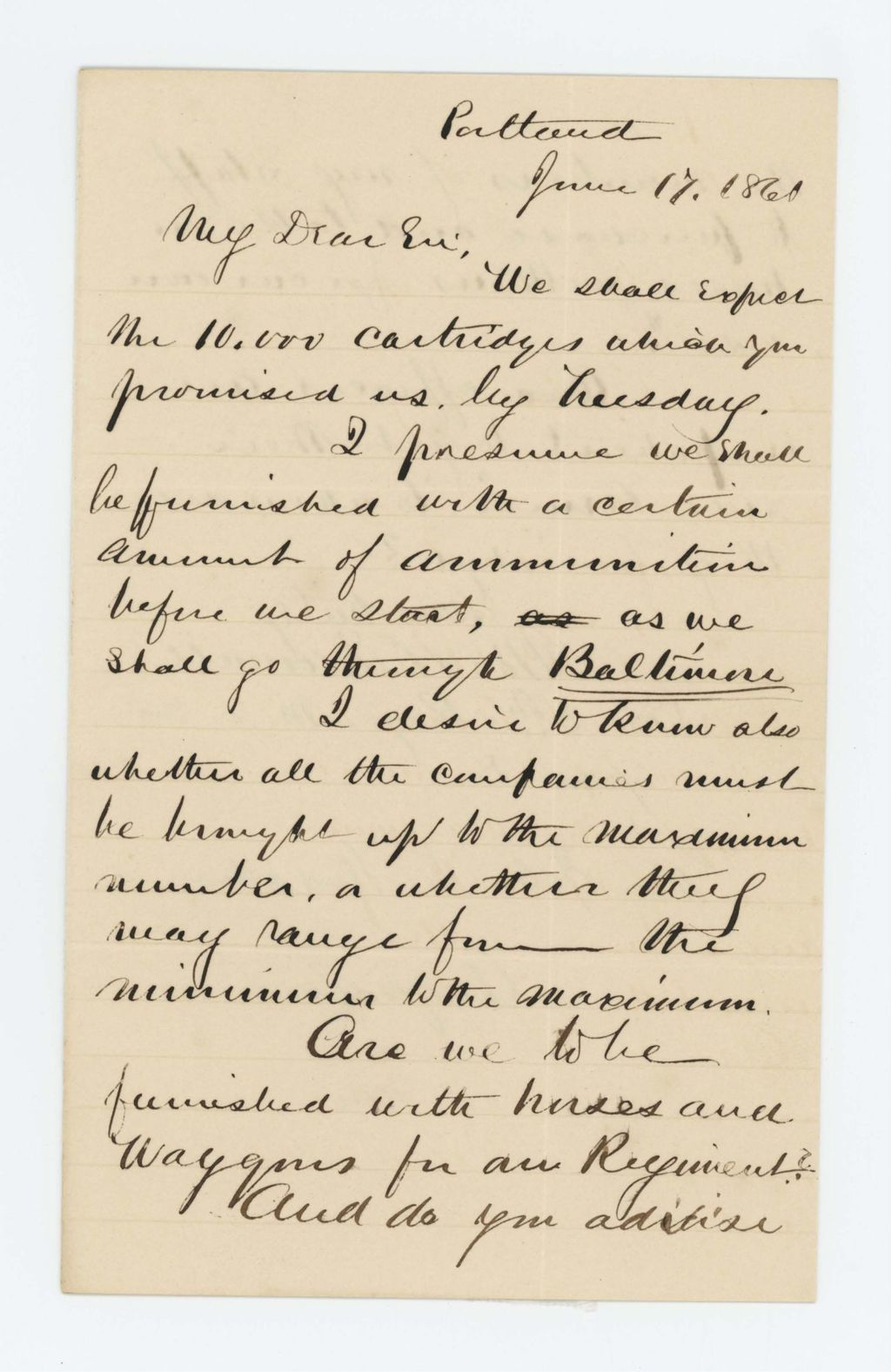 Miniature of Colonel Mark Dunnell requests sidearms, ammunition, and horses