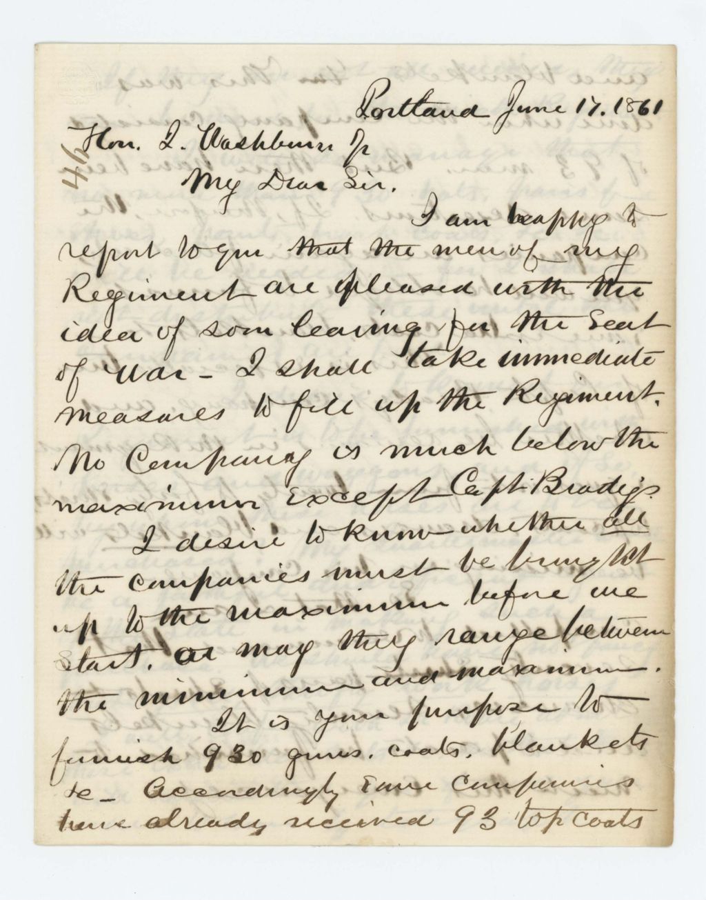 Miniature of Colonel Mark Dunnell writes that the regiment is eager to leave for Washington