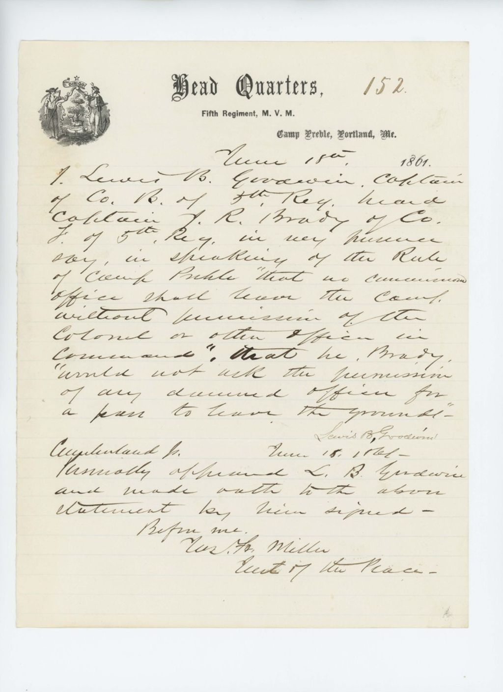 Miniature of Affidavit against Captain Josiah R. Brady