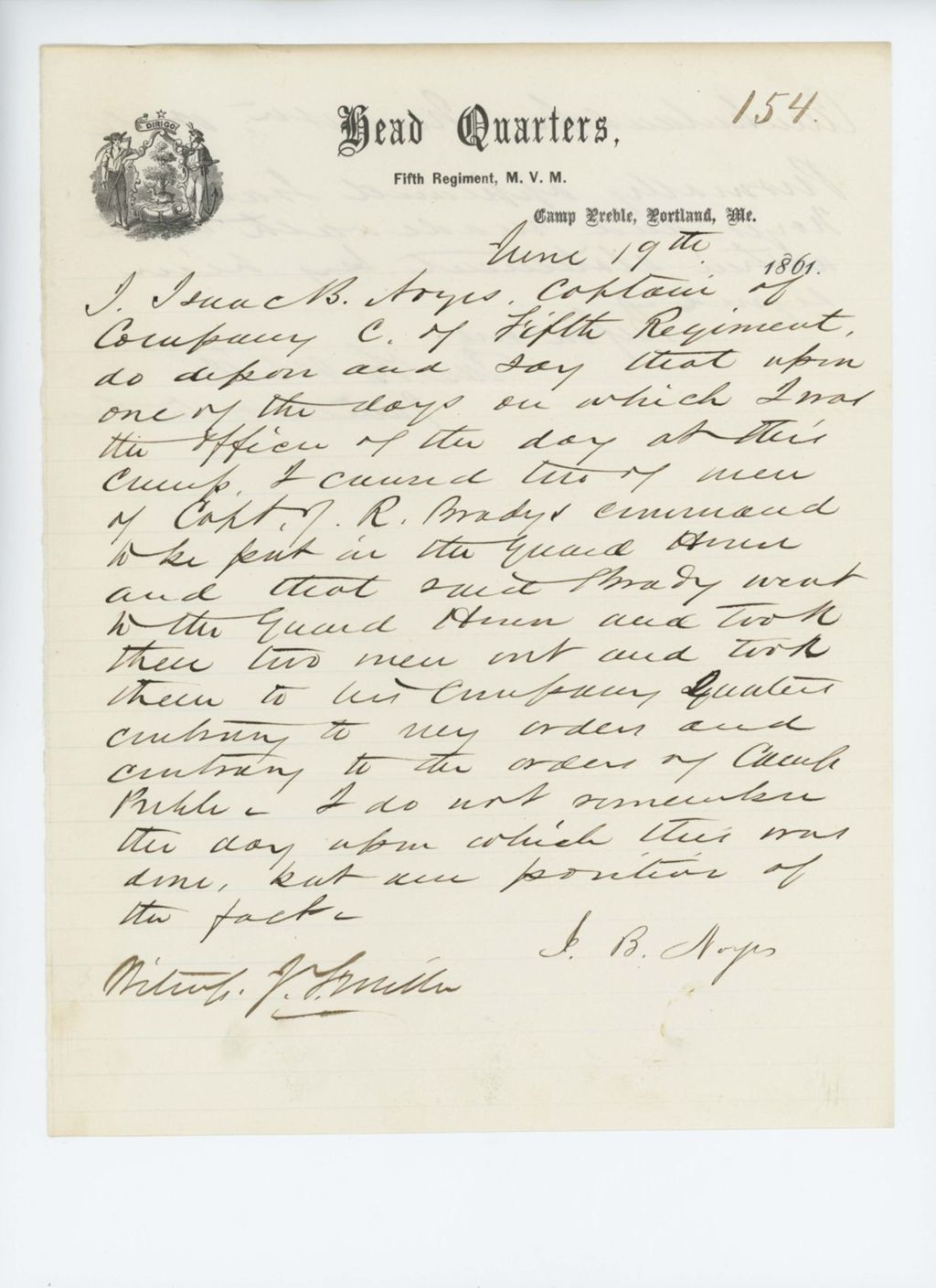 Miniature of Affidavit against Captain Josiah R. Brady