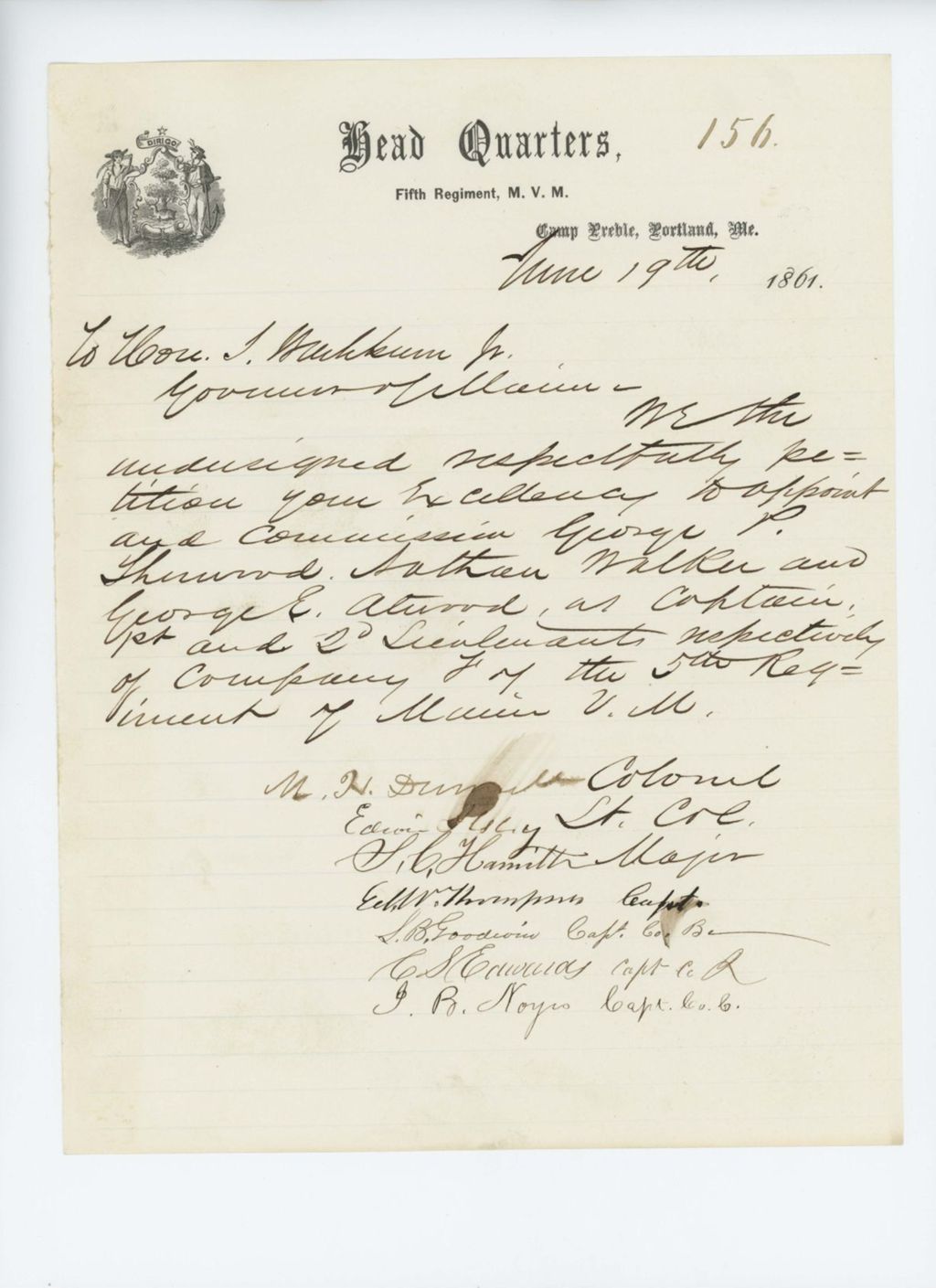Miniature of Petition by Colonel Dunnell and officers for promotion of Sherwood, Walker, and Atwood
