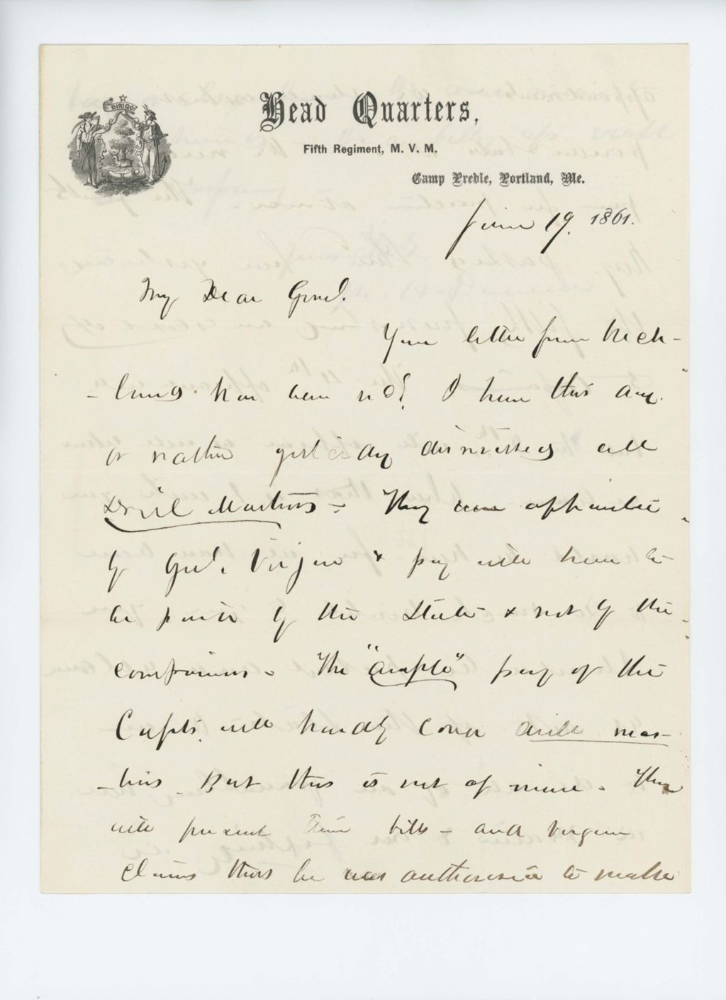 Miniature of Colonel Dunnell to Adjutant General Hodsdon regarding drill masters