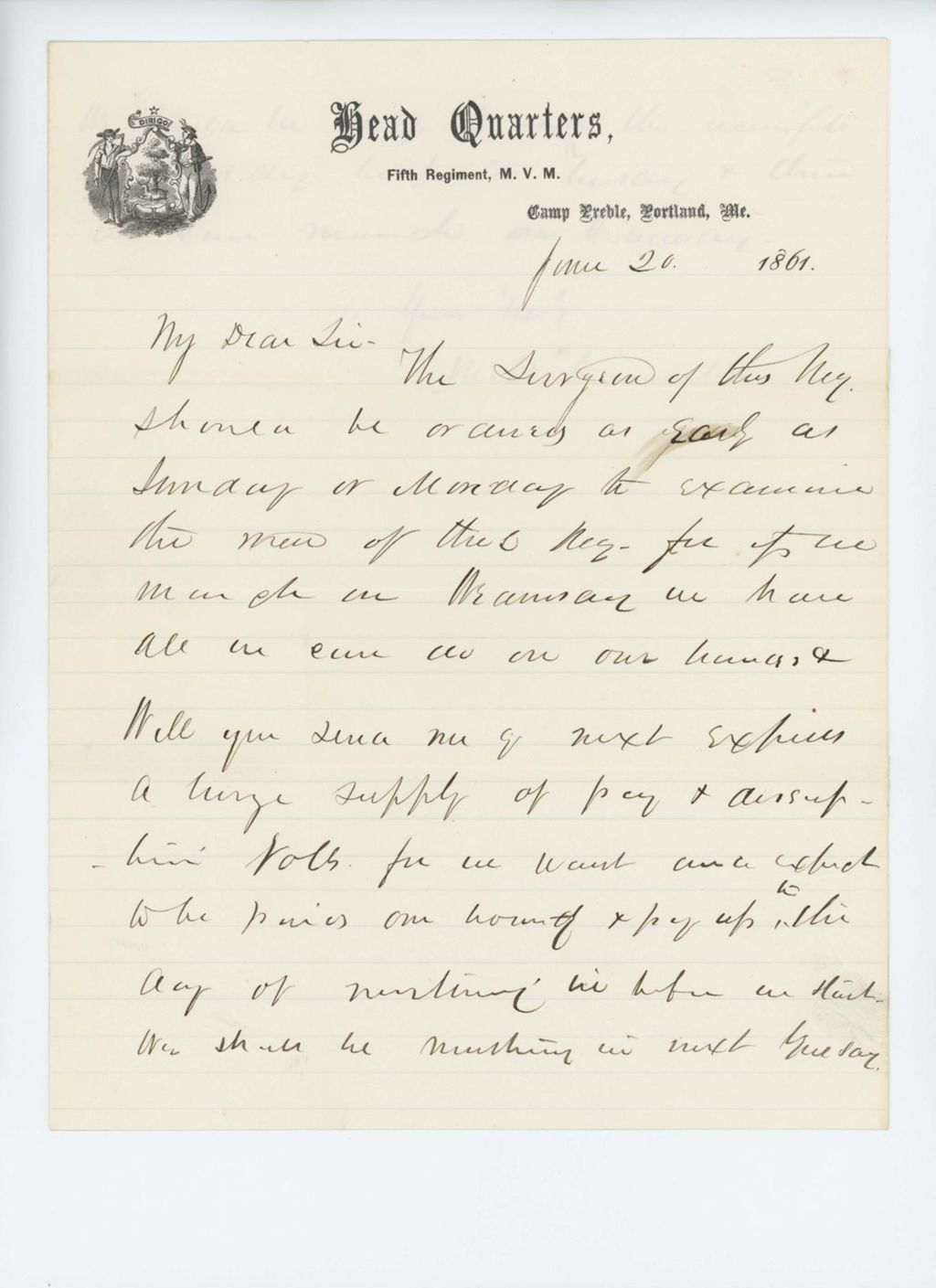 Miniature of Colonel Dunnell requests the surgeon's services and supply of pay and descriptive rolls
