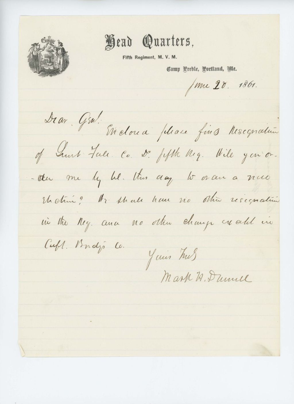 Miniature of Colonel Dunnell announces resignation of Lieutenant Fale, Company D