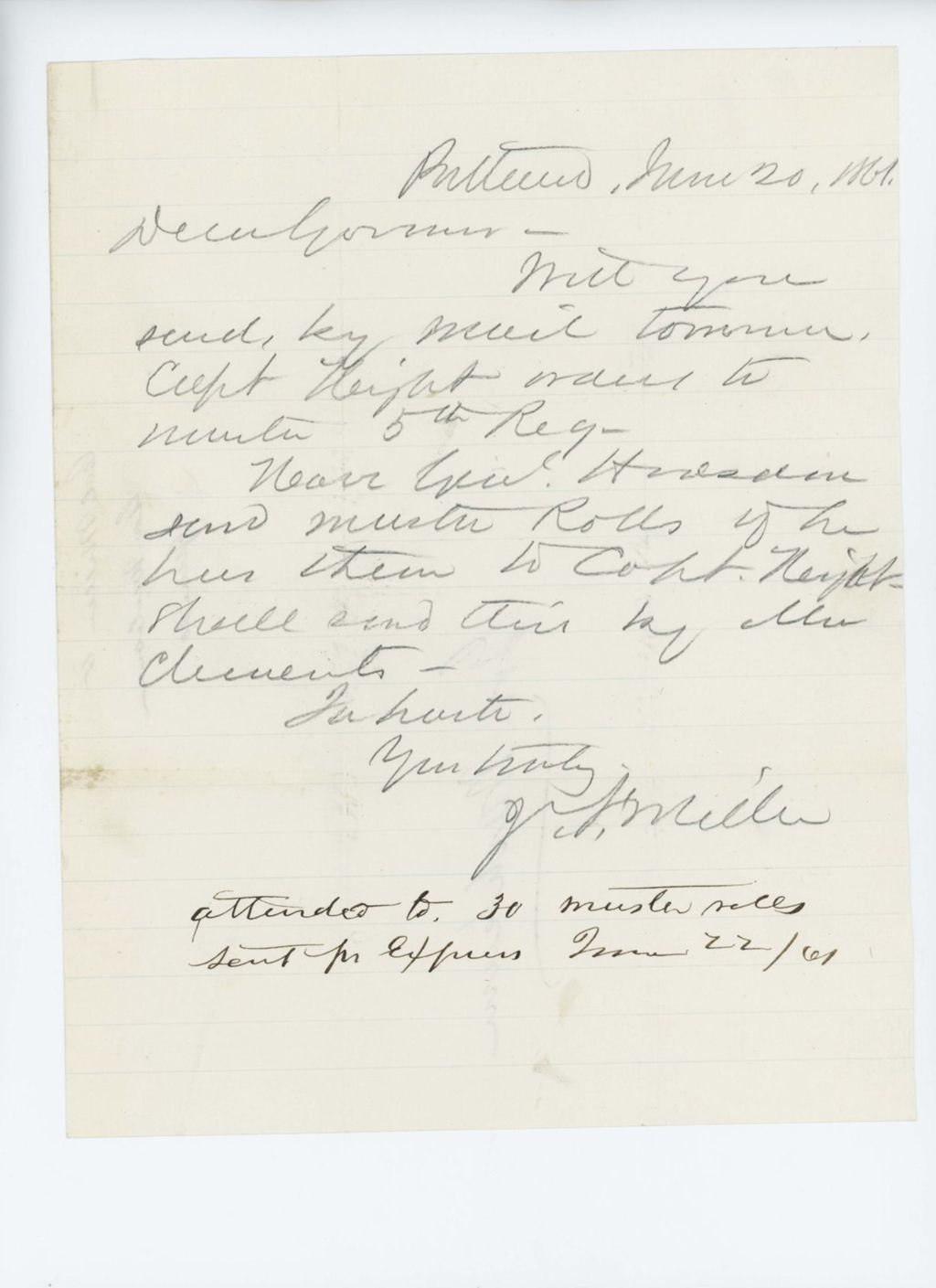 Miniature of Colonel Miller writes to Governor Washburn asking for muster rolls