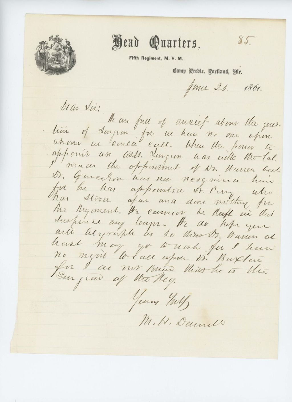 Miniature of Colonel Dunnell conveys the anxiety of the regiment over appointment of a surgeon