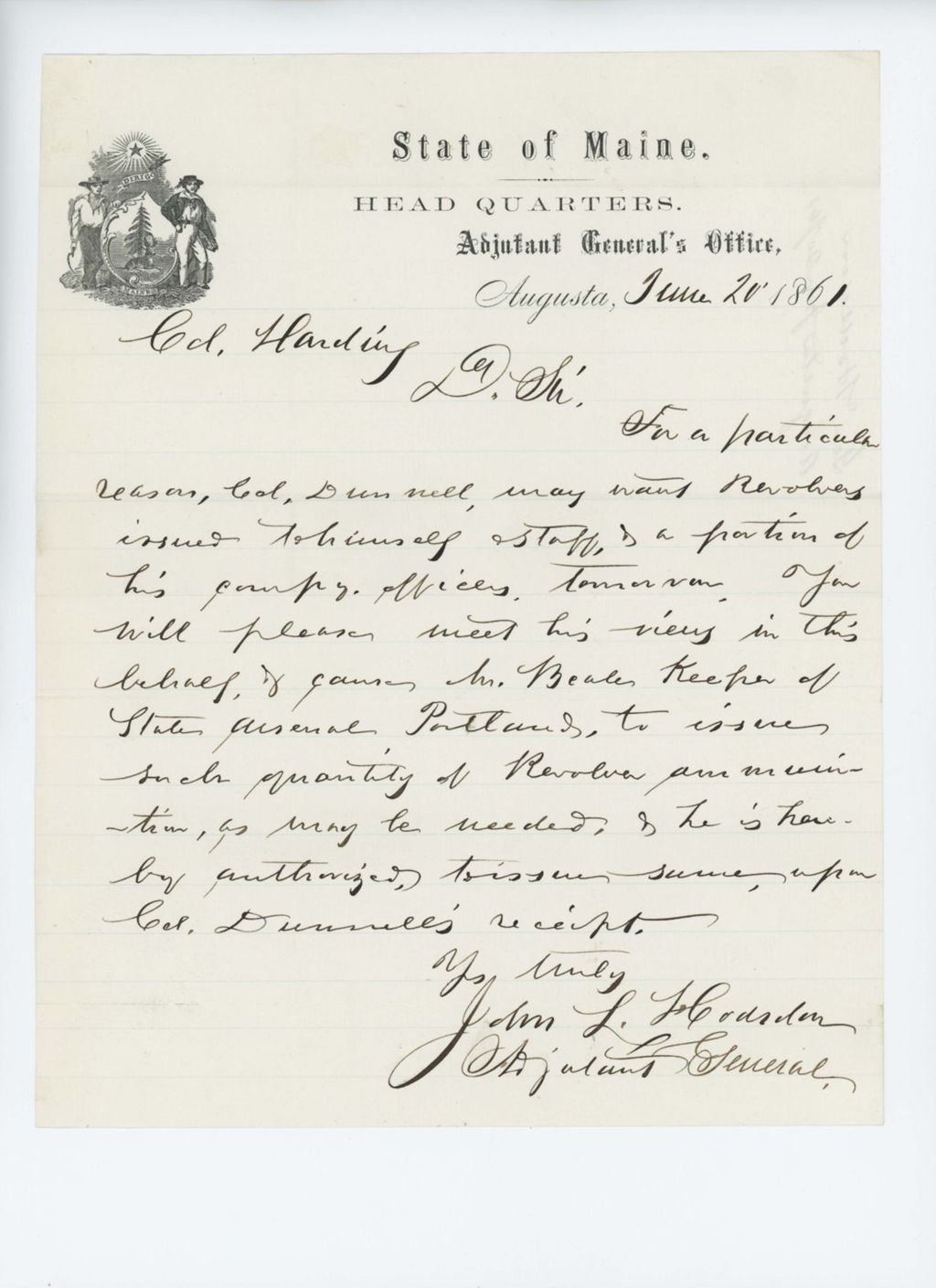 Miniature of Adjutant General Hodsdon authorizes issue of revolvers and ammunition to regiment officers