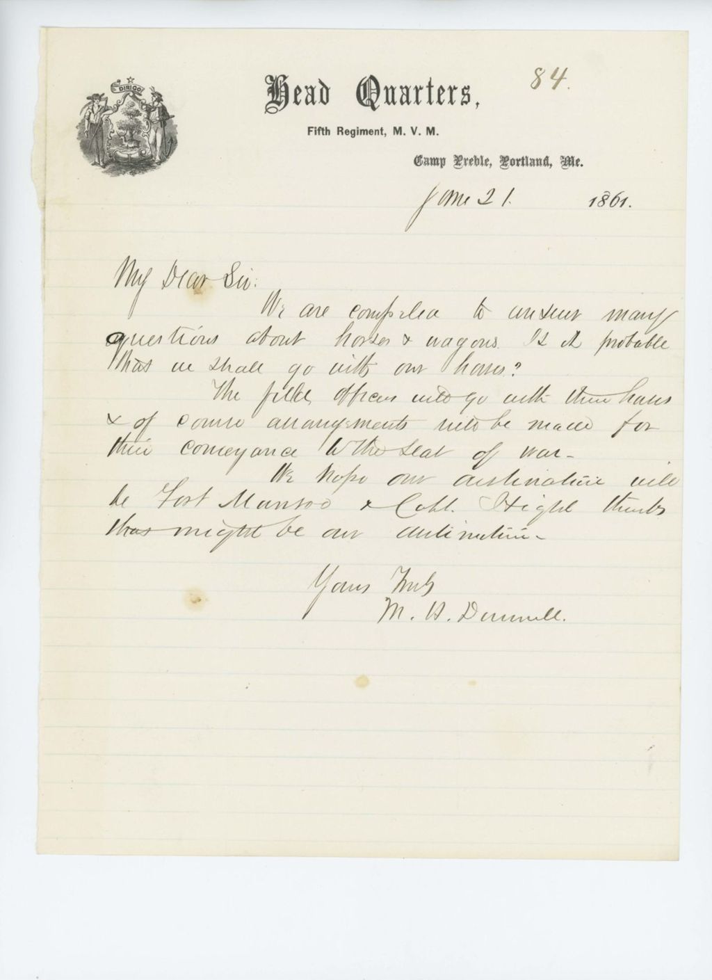 Miniature of Colonel Dunnell asks about provision of horses and transport to Washington