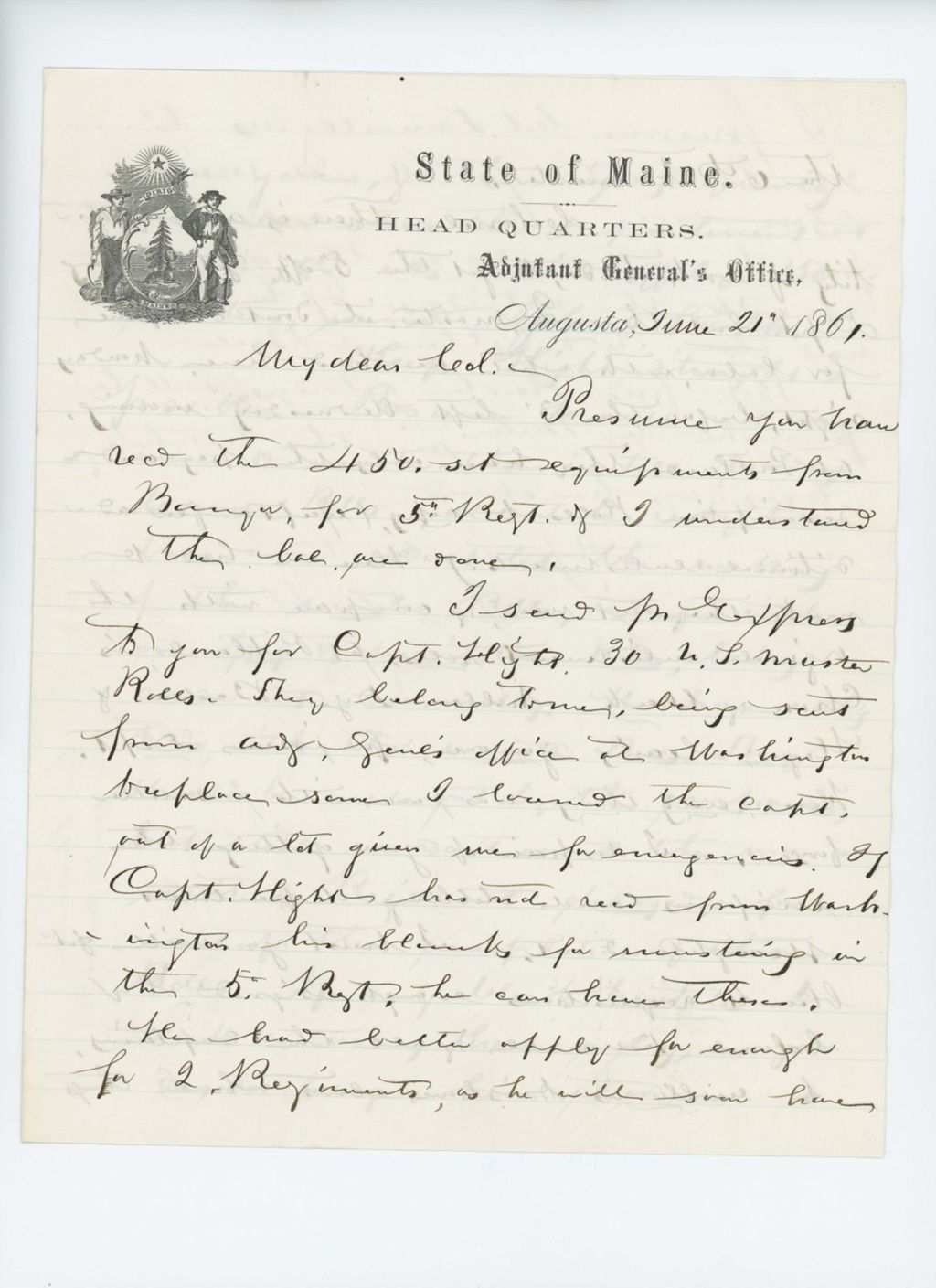 Miniature of Adjutant General Hodsdon writes to an unknown Colonel regarding status of regiment