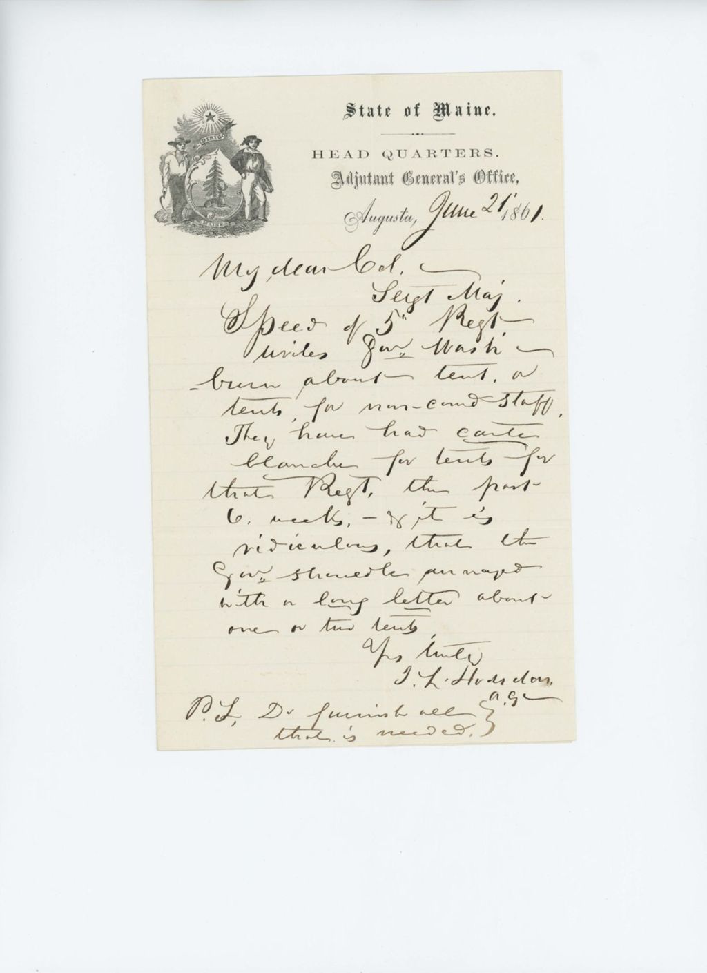 Miniature of Adjutant General Hodsdon expresses annoyance at Sergeant Major Speeds's letter to the Governor