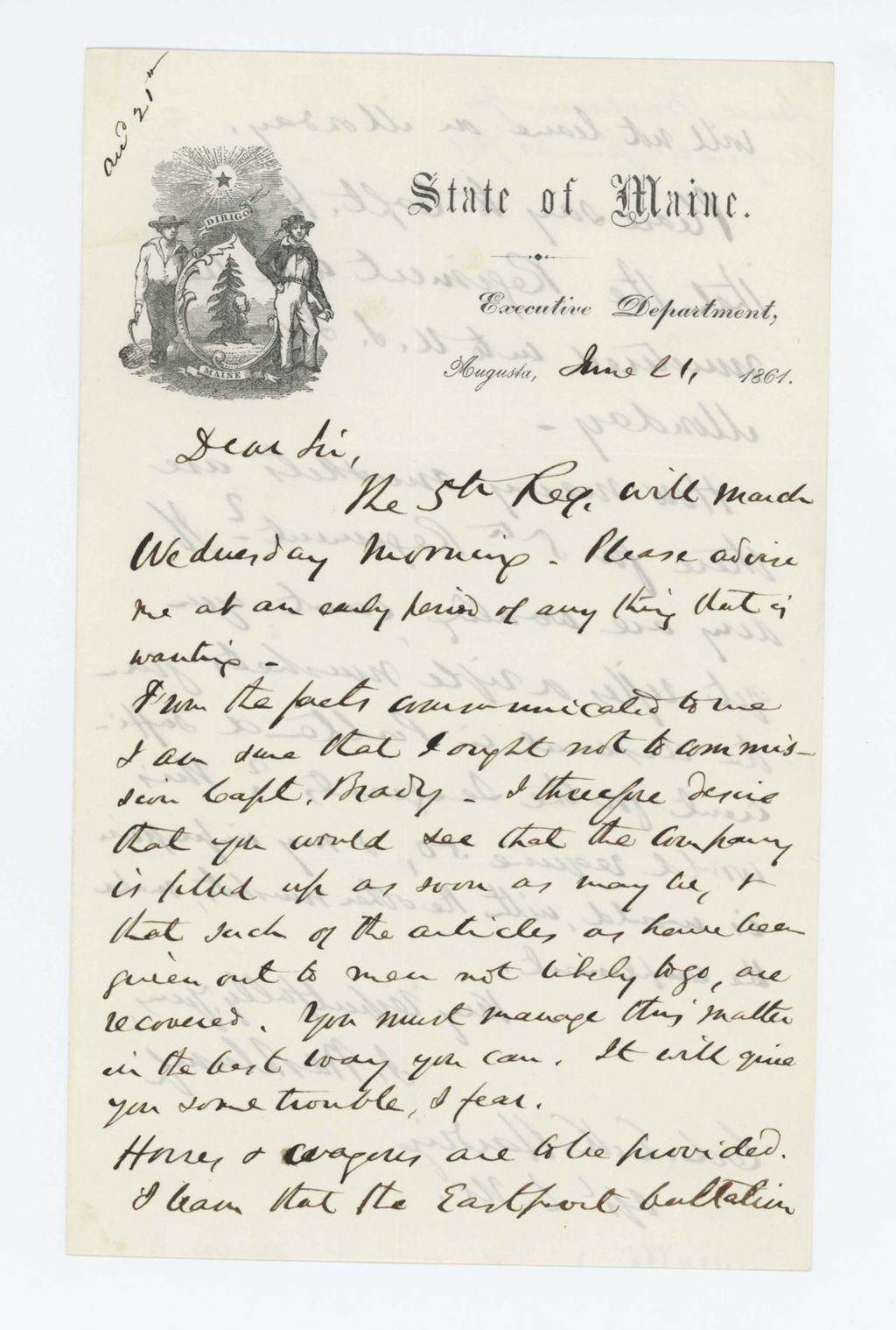 Miniature of Governor Washburn asks Colonel Harding what the regiment still needs