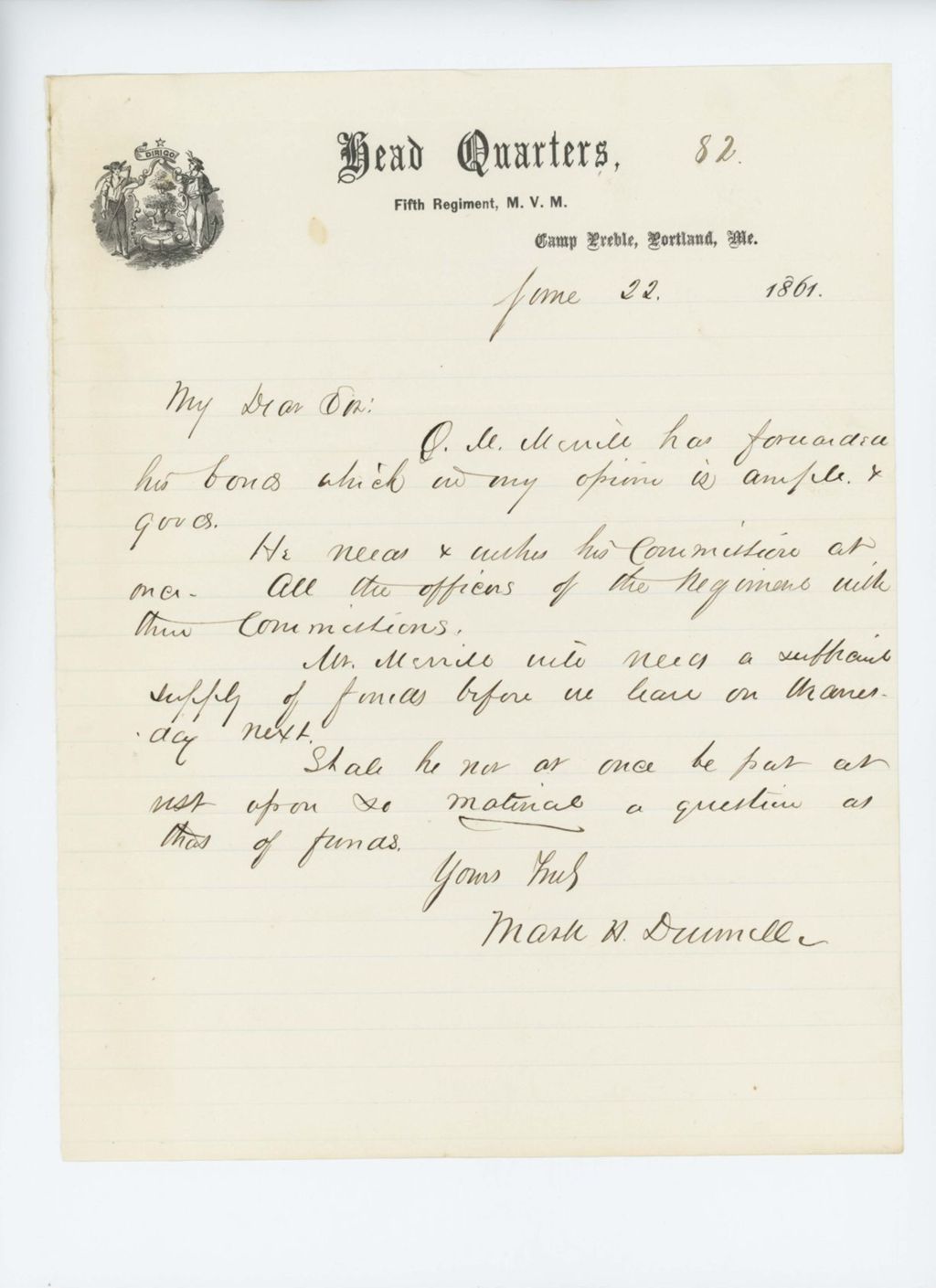 Miniature of Colonel Dunnell requests commission for Quartermaster Merrill